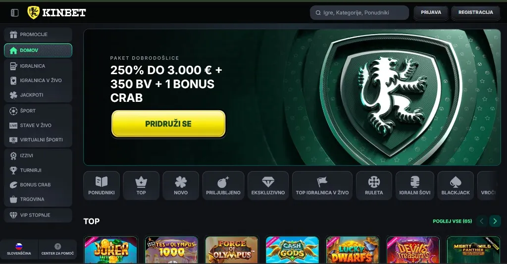Kinbet namizni posnetek domače strani